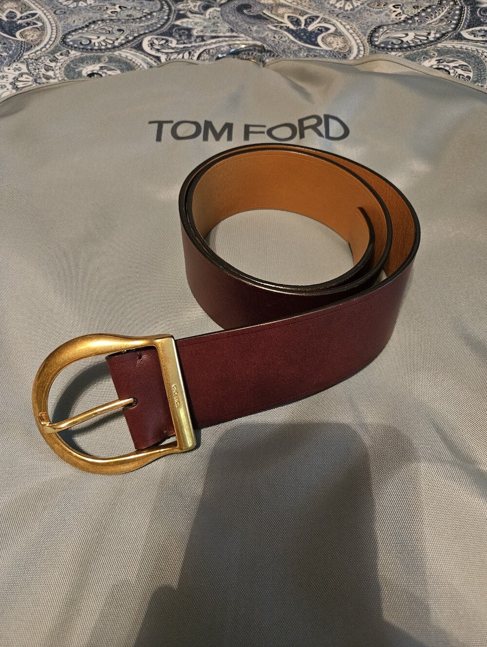 Tom Ford Burgundy and Tan Leather Belt with Gold Buckle